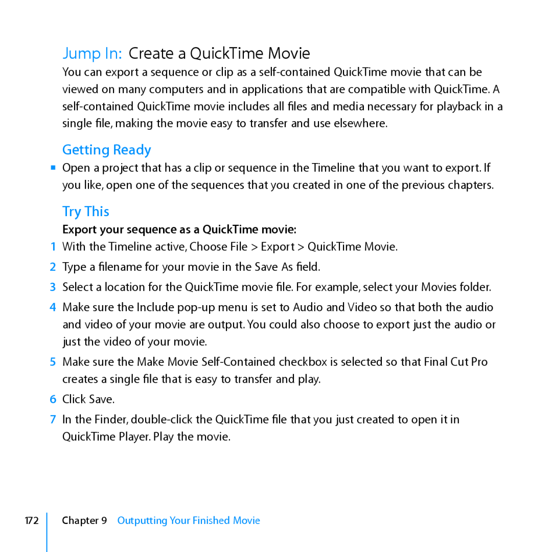 Apple 7 manual Jump In Create a QuickTime Movie, Export your sequence as a QuickTime movie, Getting Ready, Try This 